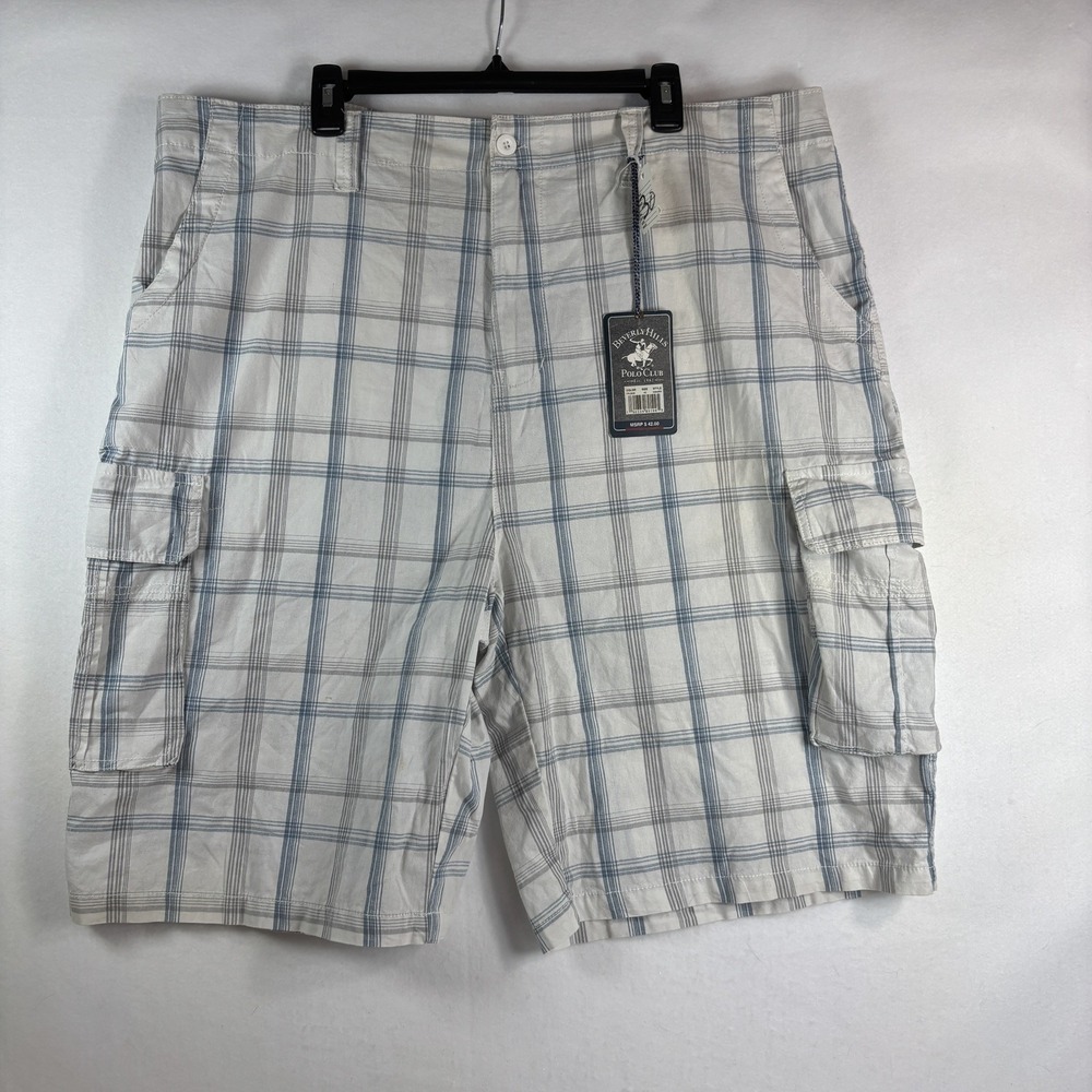 Beverly Hills Polo Club Cargo Shorts White and Blue Plaid Size 42